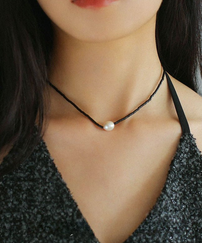 Vintage Black Onyx Pearl Collarbone Necklace - floysun