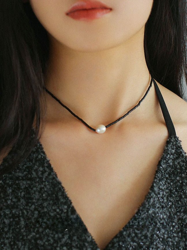 Vintage Black Onyx Pearl Collarbone Necklace - floysun