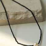 Vintage Black Onyx Pearl Collarbone Necklace - floysun