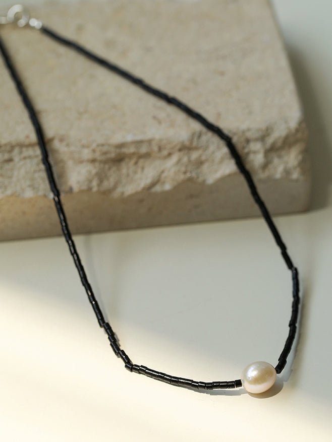 Vintage Black Onyx Pearl Collarbone Necklace - floysun