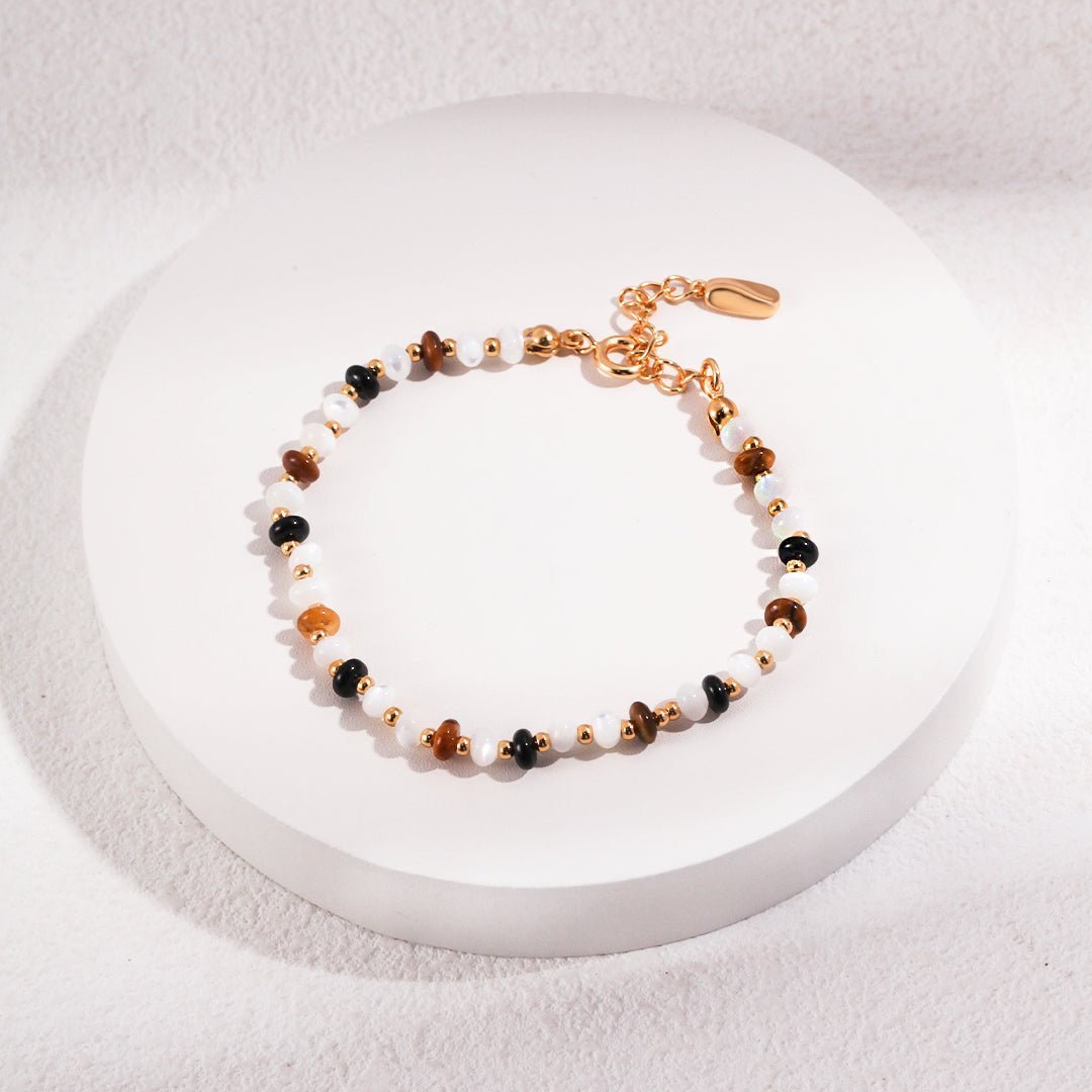 Vintage Bracelet with Tiger's Eye Black Onyx and Mother of Pearls - floysun