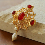 Vintage Courtly Elegance: Red Agate and Pearl Brooch - floysun