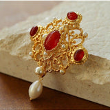 Vintage Courtly Elegance: Red Agate and Pearl Brooch - floysun