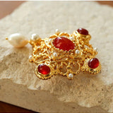 Vintage Courtly Elegance: Red Agate and Pearl Brooch - floysun