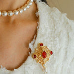 Vintage Courtly Elegance: Red Agate and Pearl Brooch - floysun