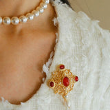 Vintage Courtly Elegance: Red Agate and Pearl Brooch - floysun