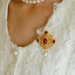 Vintage Courtly Elegance: Red Agate and Pearl Brooch - floysun