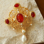 Vintage Courtly Elegance: Red Agate and Pearl Brooch - floysun