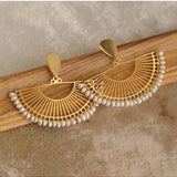 Vintage Frosted Gold Braided Pearl Fan Earrings - floysun