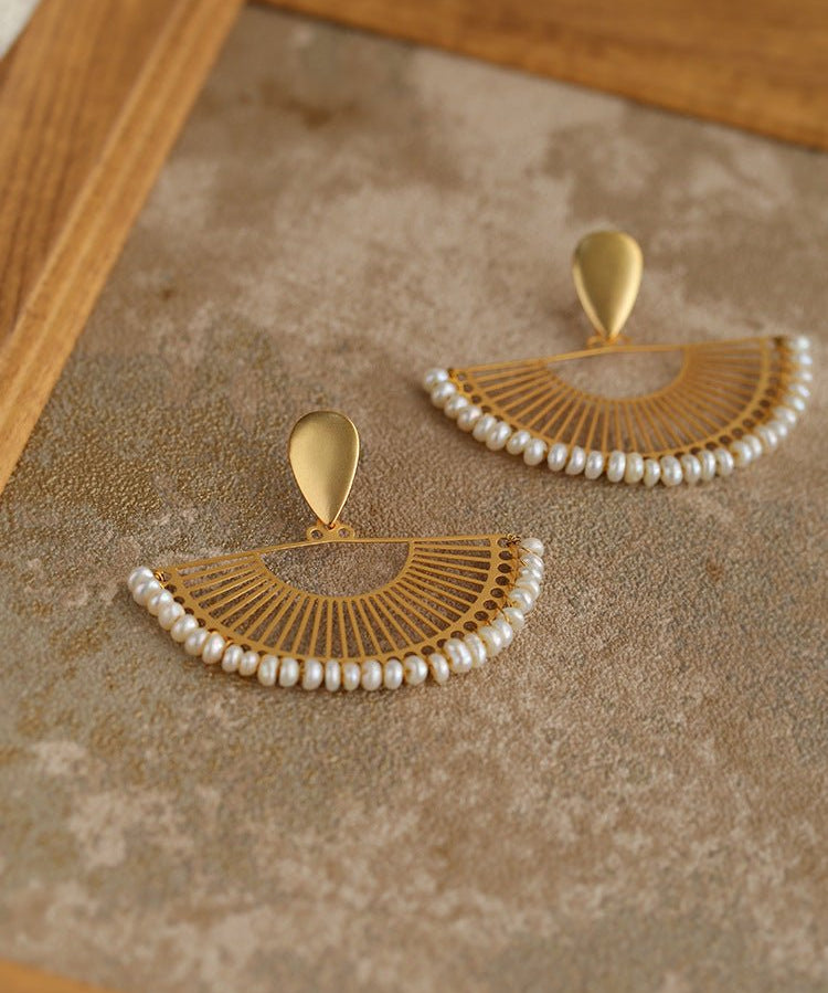 Vintage Frosted Gold Braided Pearl Fan Earrings - floysun