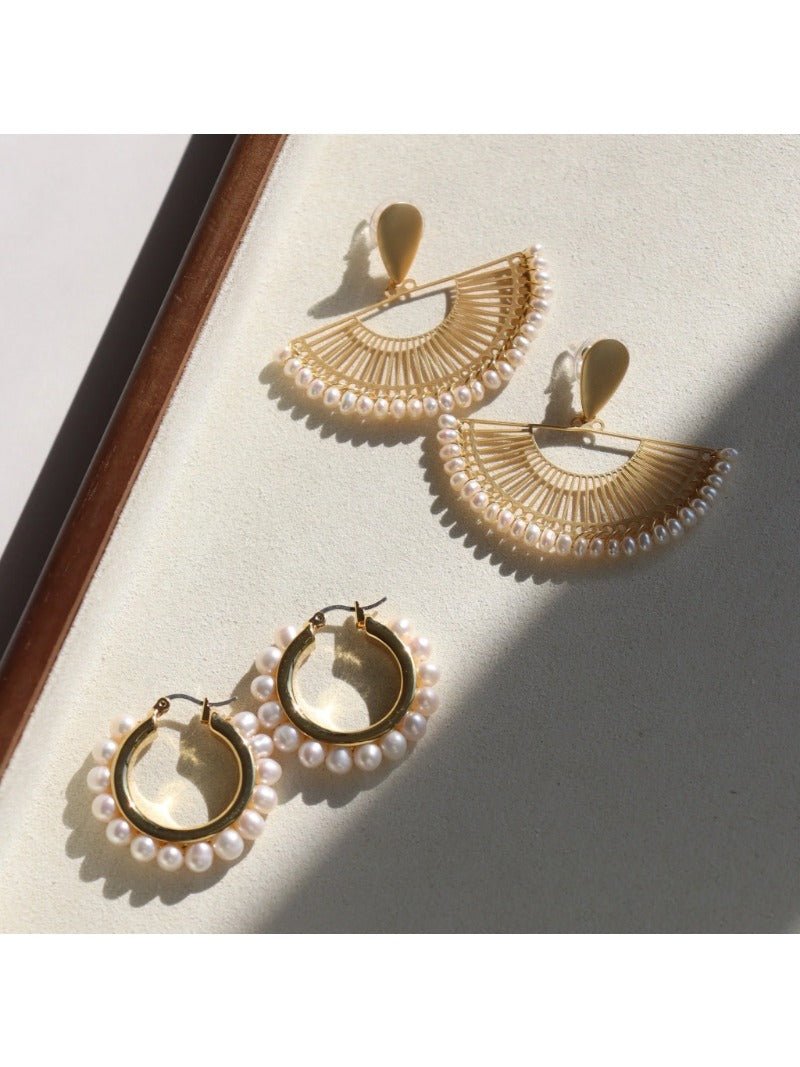 Vintage Frosted Gold Braided Pearl Fan Earrings - floysun