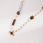 Vintage Gold Pearl Tiger Eye Beaded Necklace with Eye Pendant - floysun