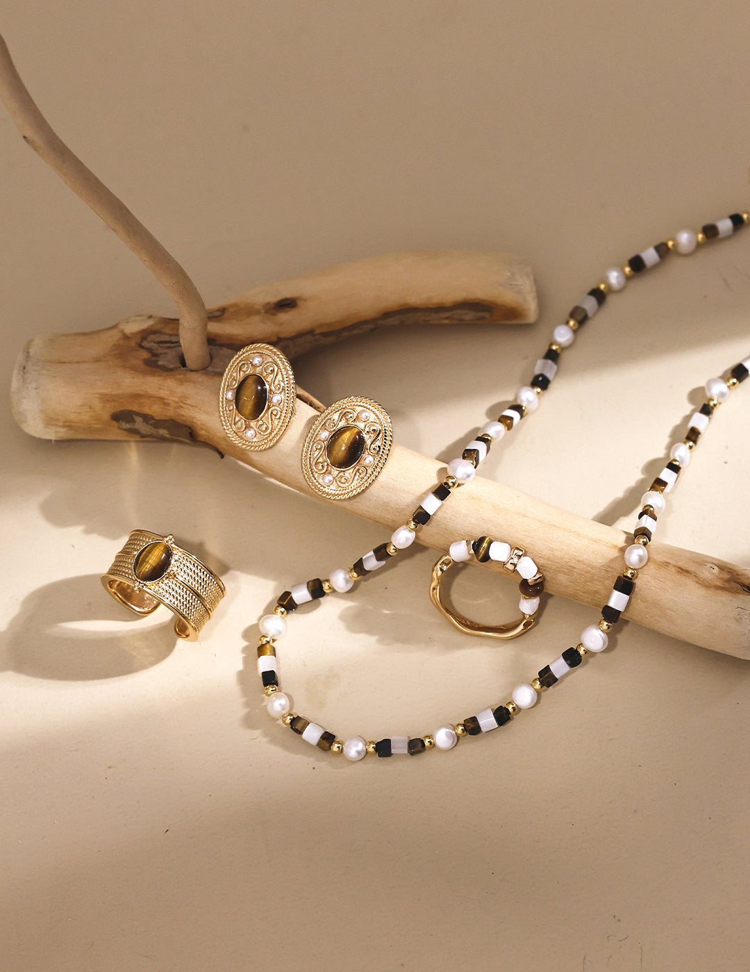 Vintage Gold Tiger Eye Stone Spliced Pearl Necklaces - floysun