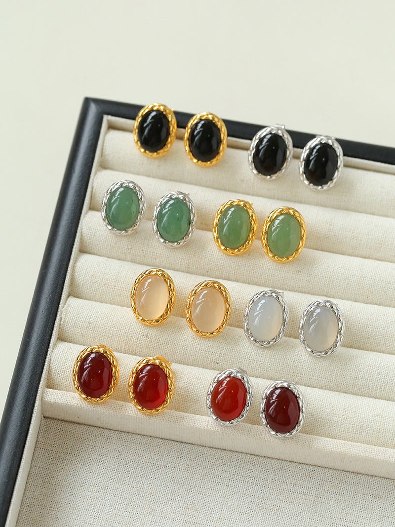 Vintage Oval Multicolor Gemstone Stud Earrings - floysun