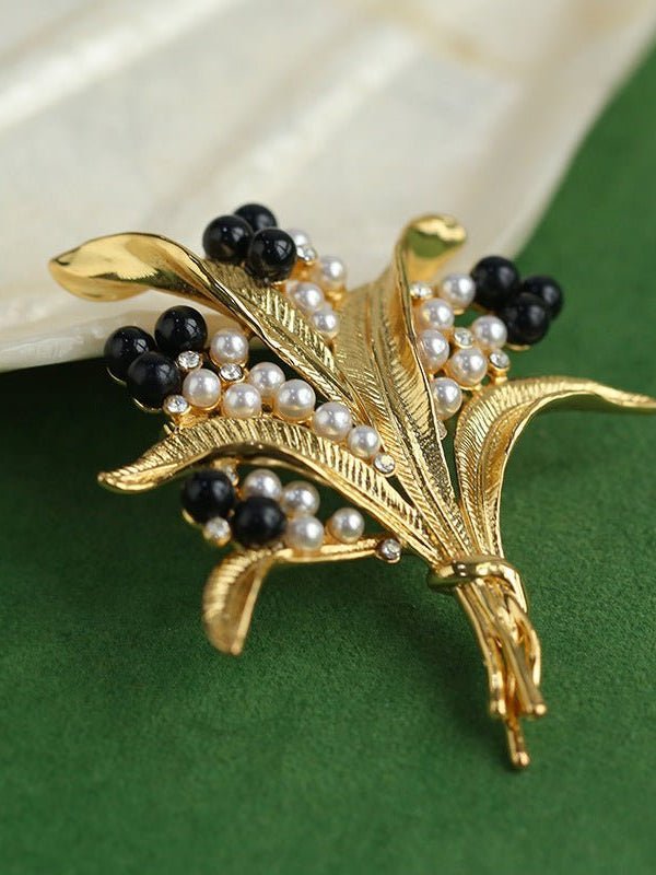 Vintage Pastoral Wheat Ear Black Oynx Pearl Brooch - floysun