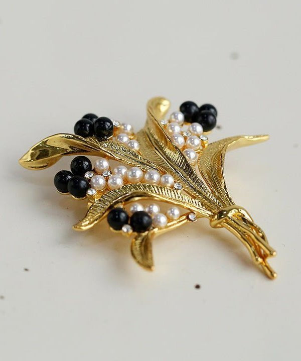 Vintage Pastoral Wheat Ear Black Oynx Pearl Brooch - floysun