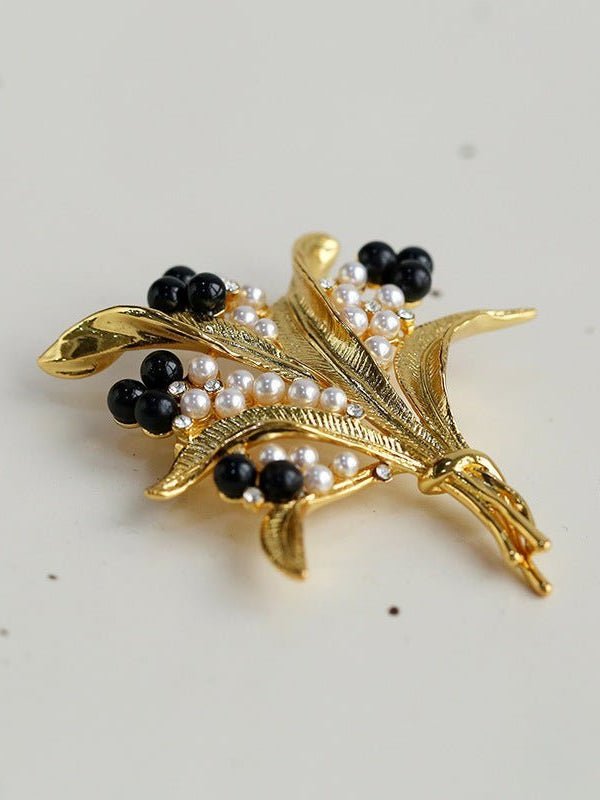 Vintage Pastoral Wheat Ear Black Oynx Pearl Brooch - floysun