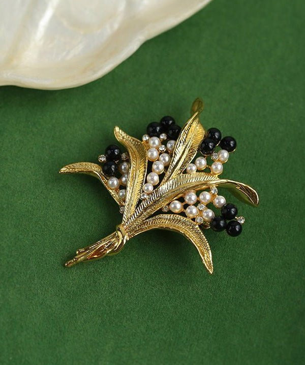 Vintage Pastoral Wheat Ear Black Oynx Pearl Brooch - floysun