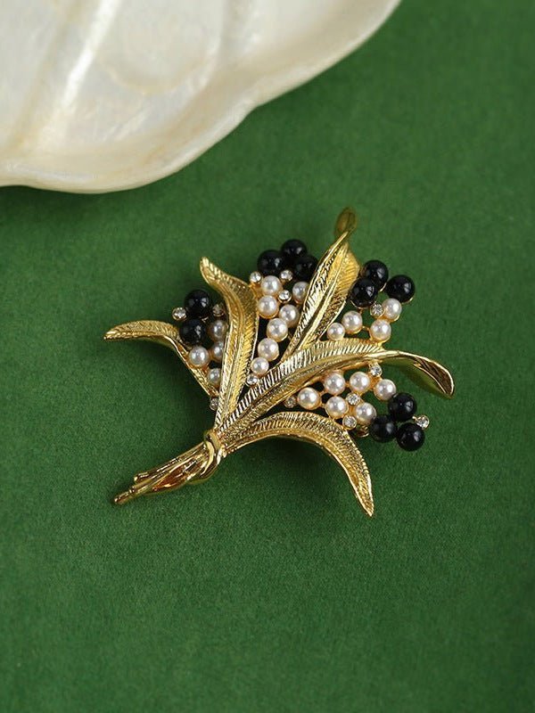 Vintage Pastoral Wheat Ear Black Oynx Pearl Brooch - floysun