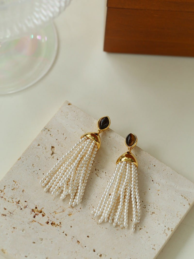 Vintage Princess Tassel Pearl Earrings with Marquise Tiger's Eye - floysun