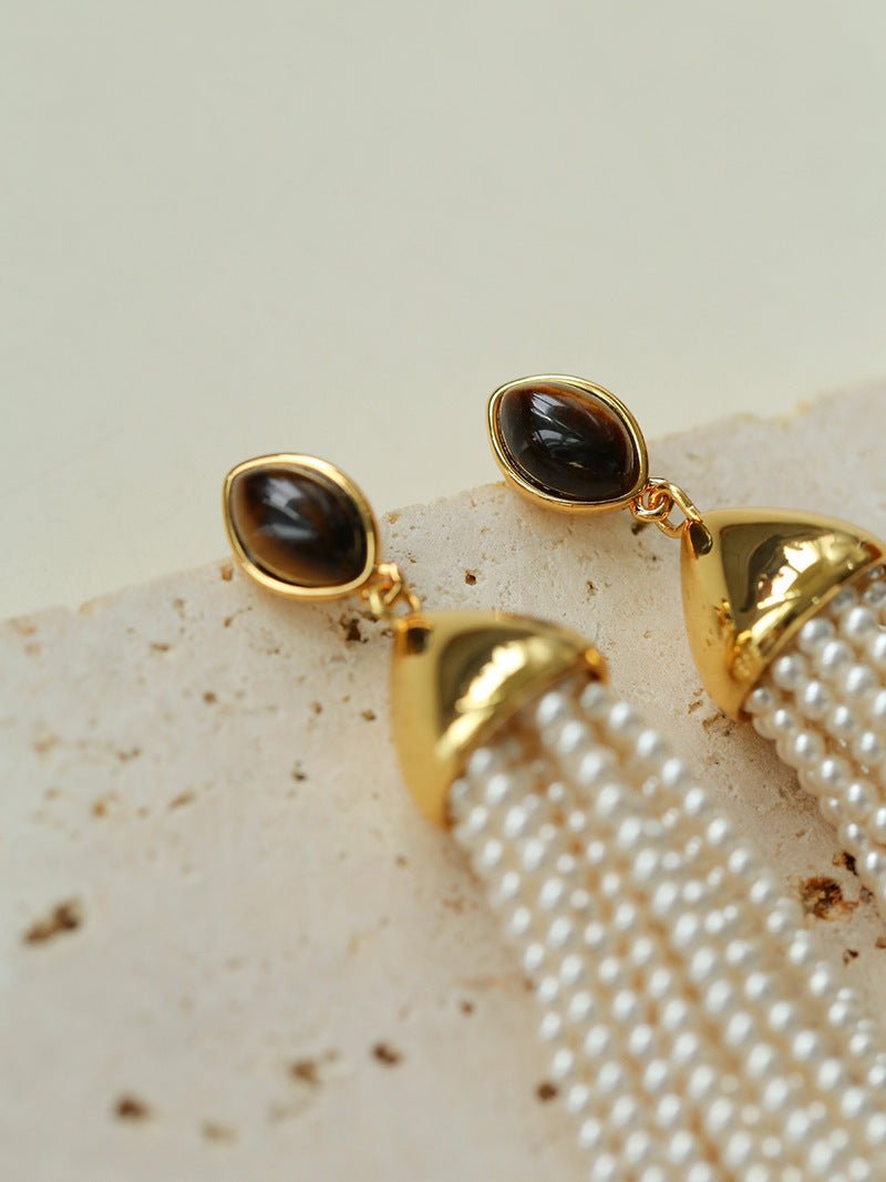 Vintage Princess Tassel Pearl Earrings with Marquise Tiger's Eye - floysun