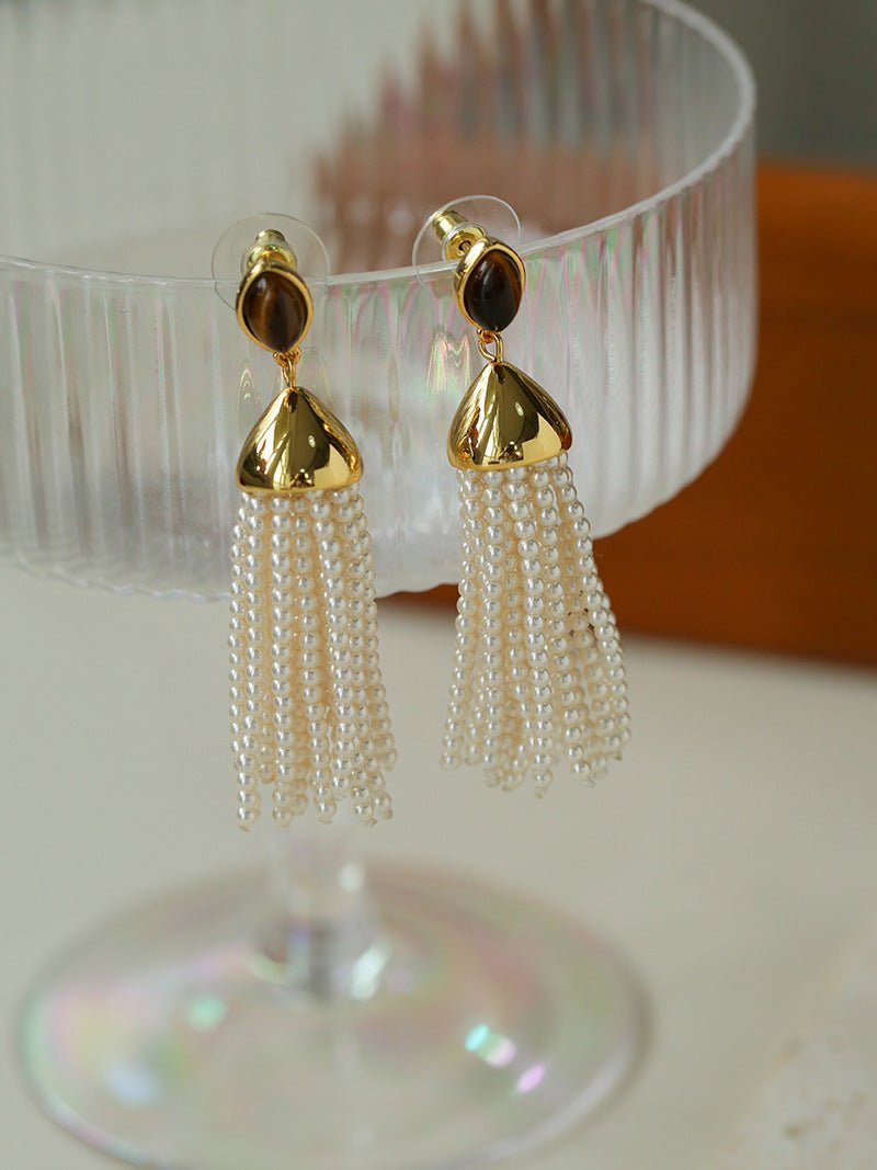 Vintage Princess Tassel Pearl Earrings with Marquise Tiger's Eye - floysun