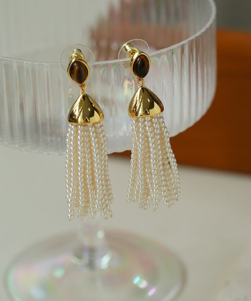 Vintage Princess Tassel Pearl Earrings with Marquise Tiger's Eye - floysun