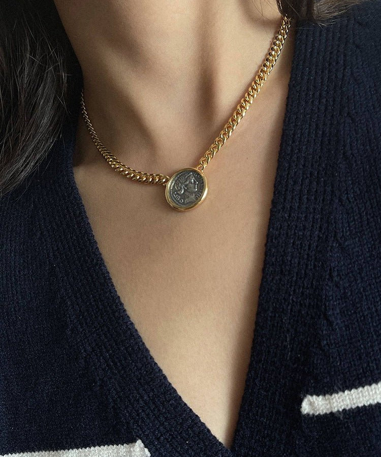 Vintage Roman Lady Luck Coin Pendant Necklace - floysun