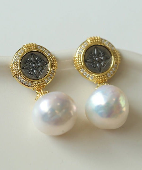 Vintage Silver Coin Freshwater Baroque Pearl Earrings - floysun