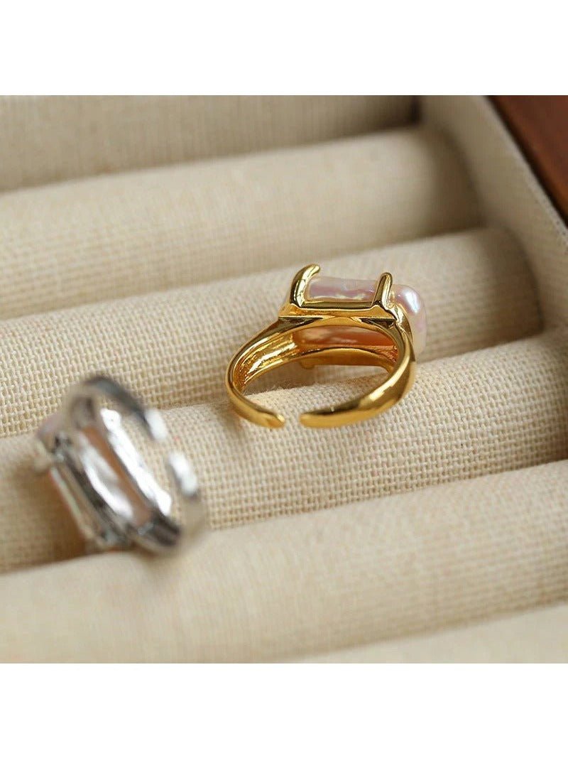 Vintage Square Baroque Pearl Open Ring - floysun