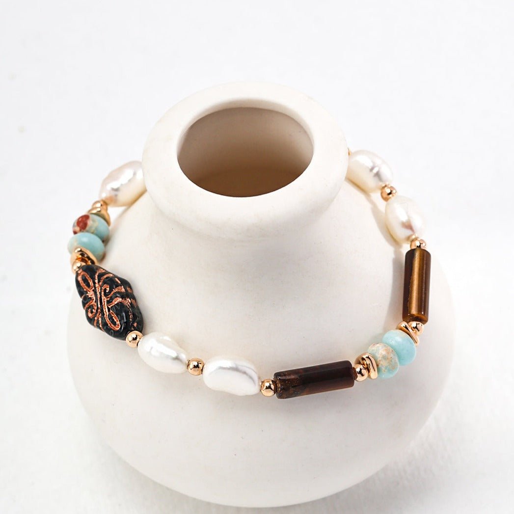 Vintage Style Multi - element Gemstone Pearl Beaded Bracelet - floysun