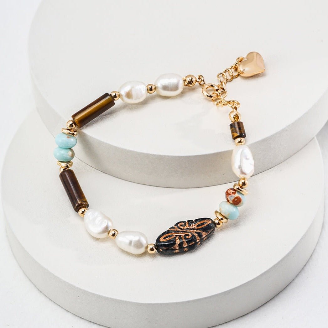 Vintage Style Multi - element Gemstone Pearl Beaded Bracelet - floysun