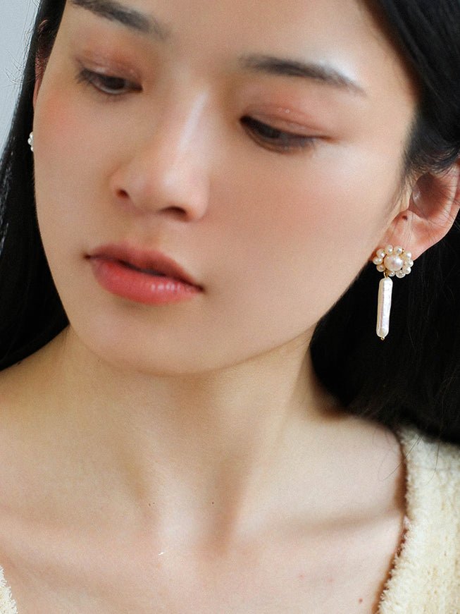 Weaving Flower Natural Baroque Pearl Drop Earrings - floysun