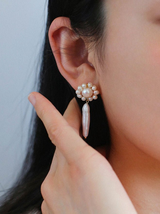 Weaving Flower Natural Baroque Pearl Drop Earrings - floysun