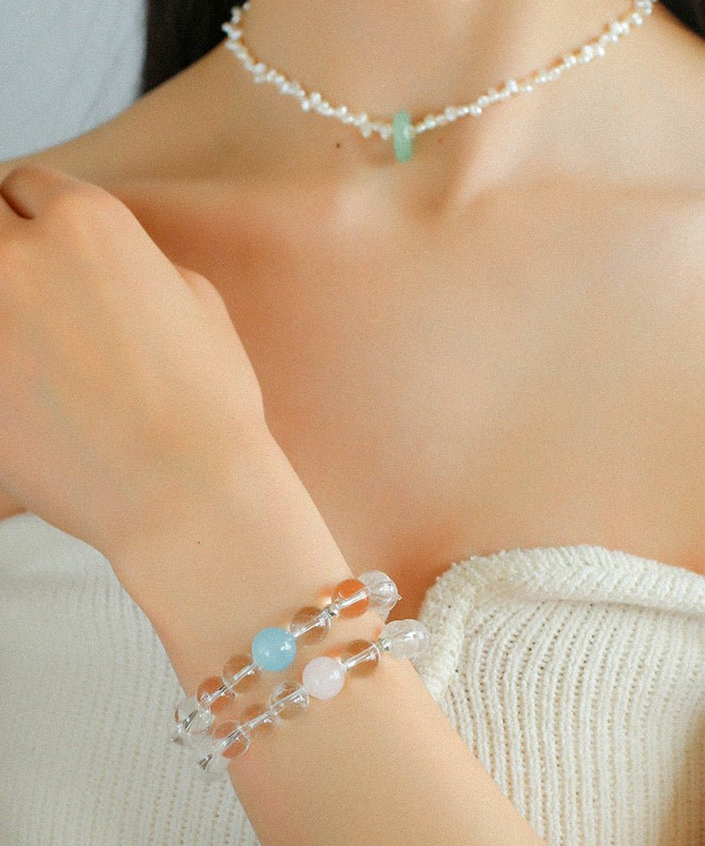 White Crystal Beaded Stretch Bracelet - floysun