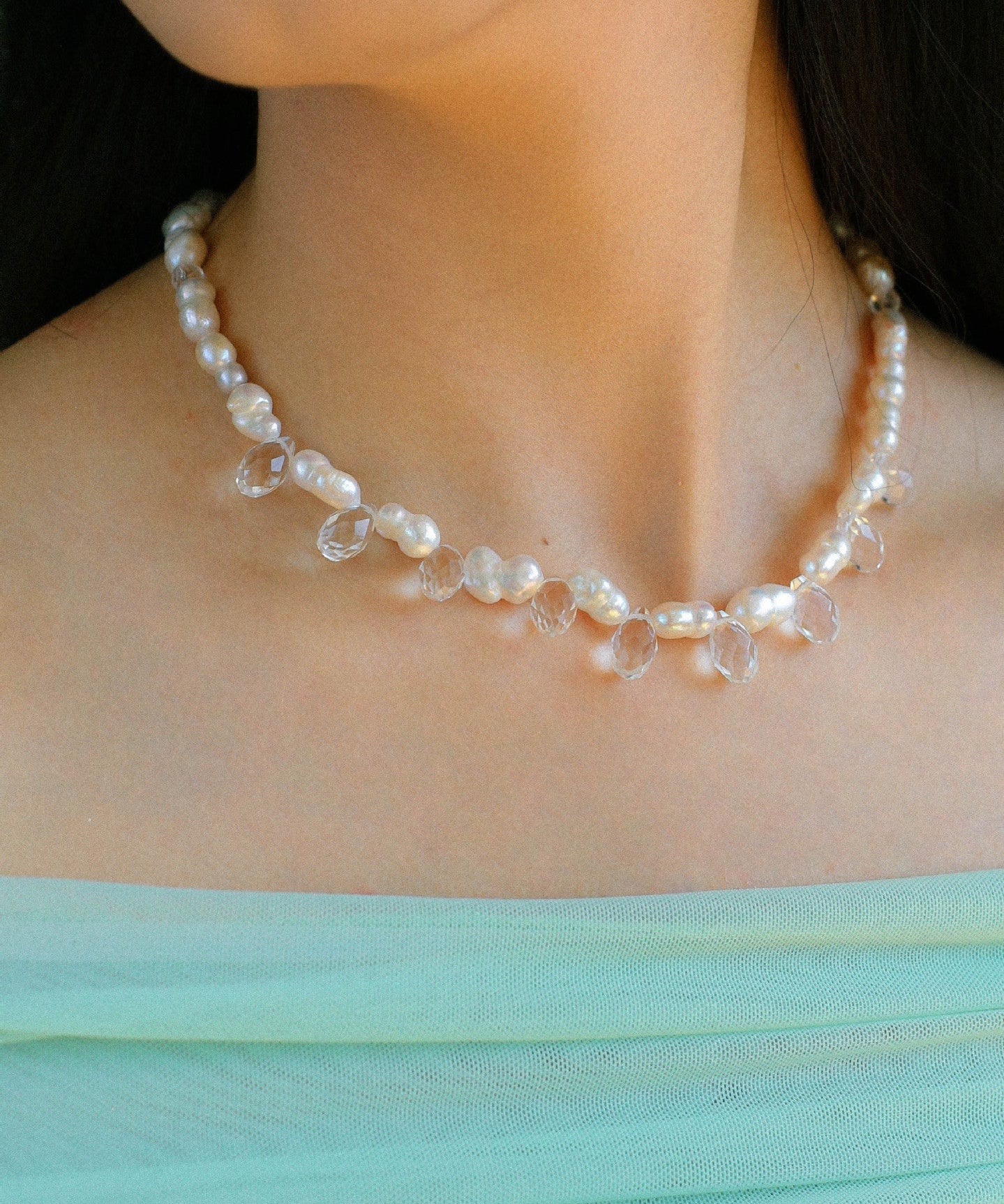 White Crystal Spliced Pearl Necklace - floysun