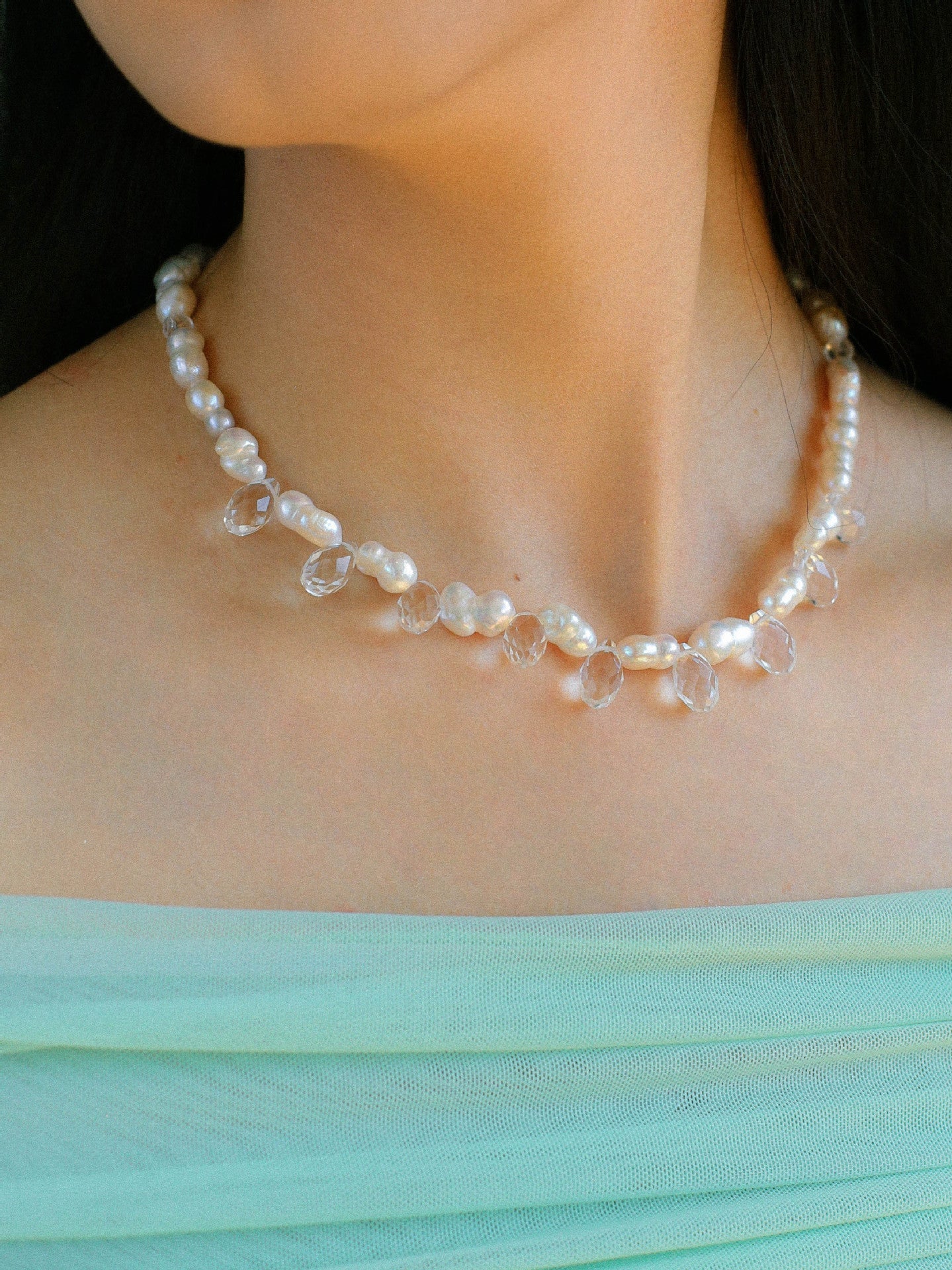 White Crystal Spliced Pearl Necklace - floysun