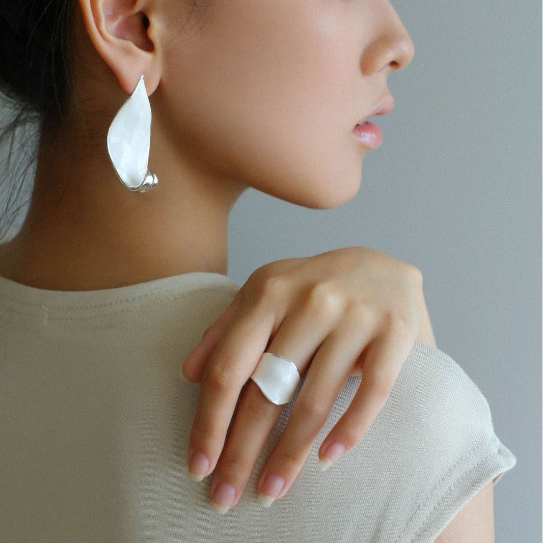 White Enamel Scroll Leaf Statement Earrings - floysun