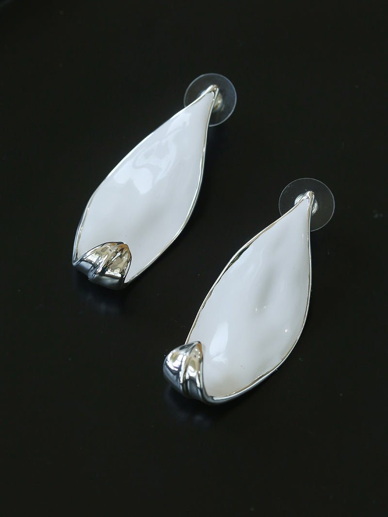 White Enamel Scroll Leaf Statement Earrings - floysun