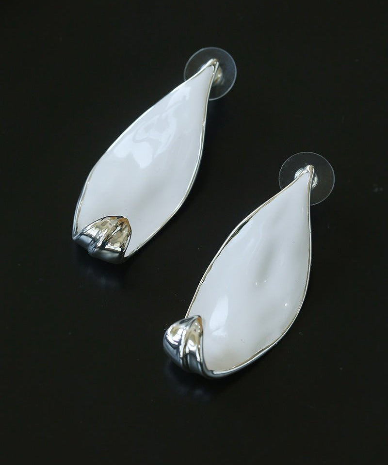 White Enamel Scroll Leaf Statement Earrings - floysun