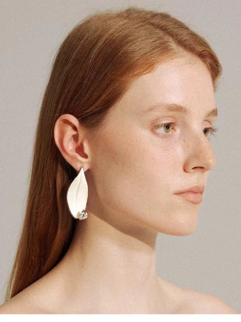 White Enamel Scroll Leaf Statement Earrings Upgraded Version - floysun