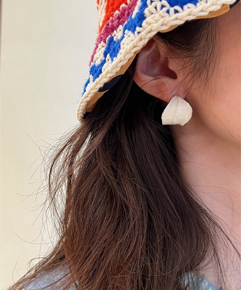 White Enamel Scroll Leaf Statement Hoop Earrings - floysun