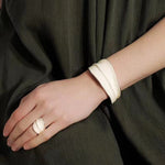 White Enamel Scroll Leaf Wide Open Ring - floysun