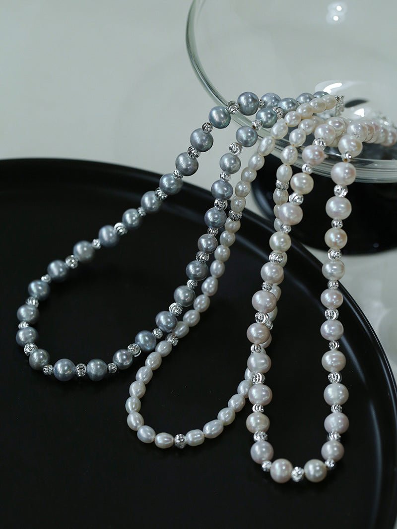 White Freshwater Pearl Silver Bean Necklace - White Pearl - floysun