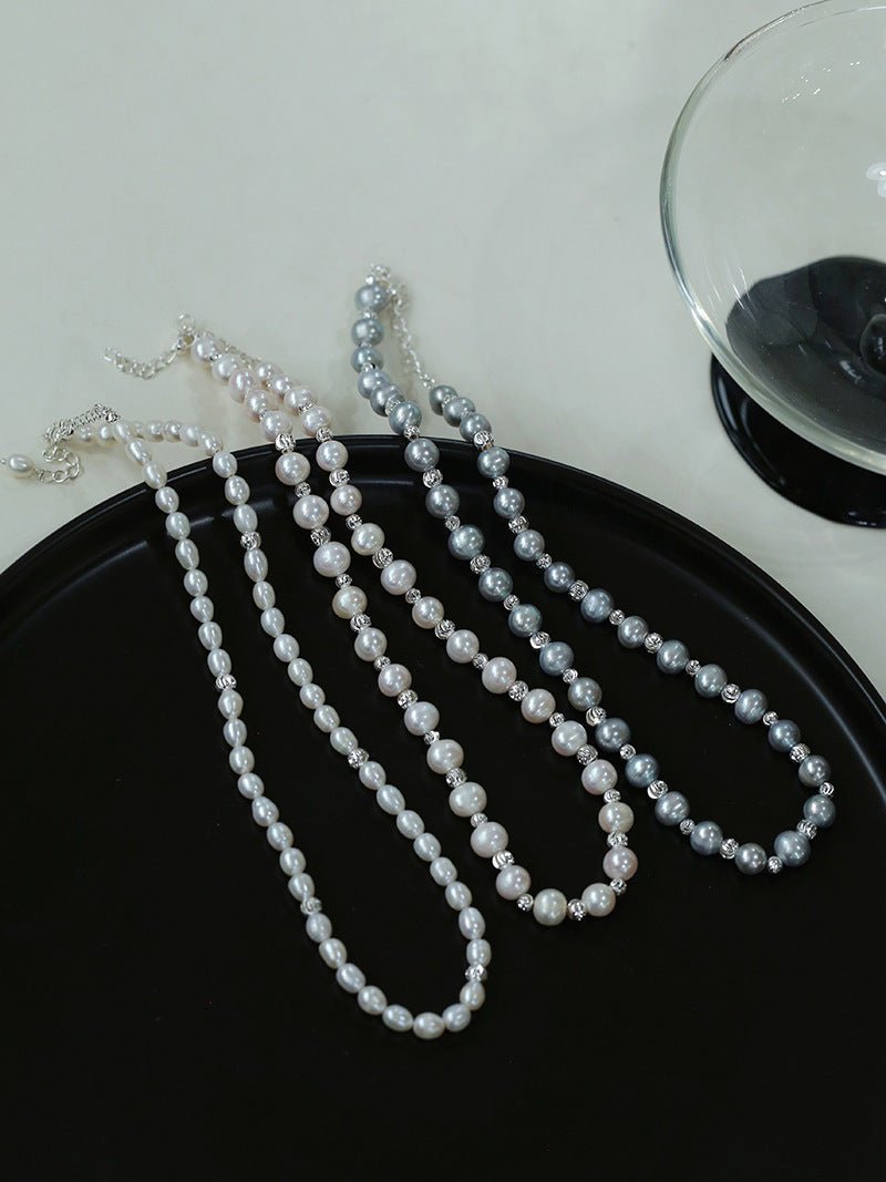 White Freshwater Pearl Silver Bean Necklace - White Pearl - floysun