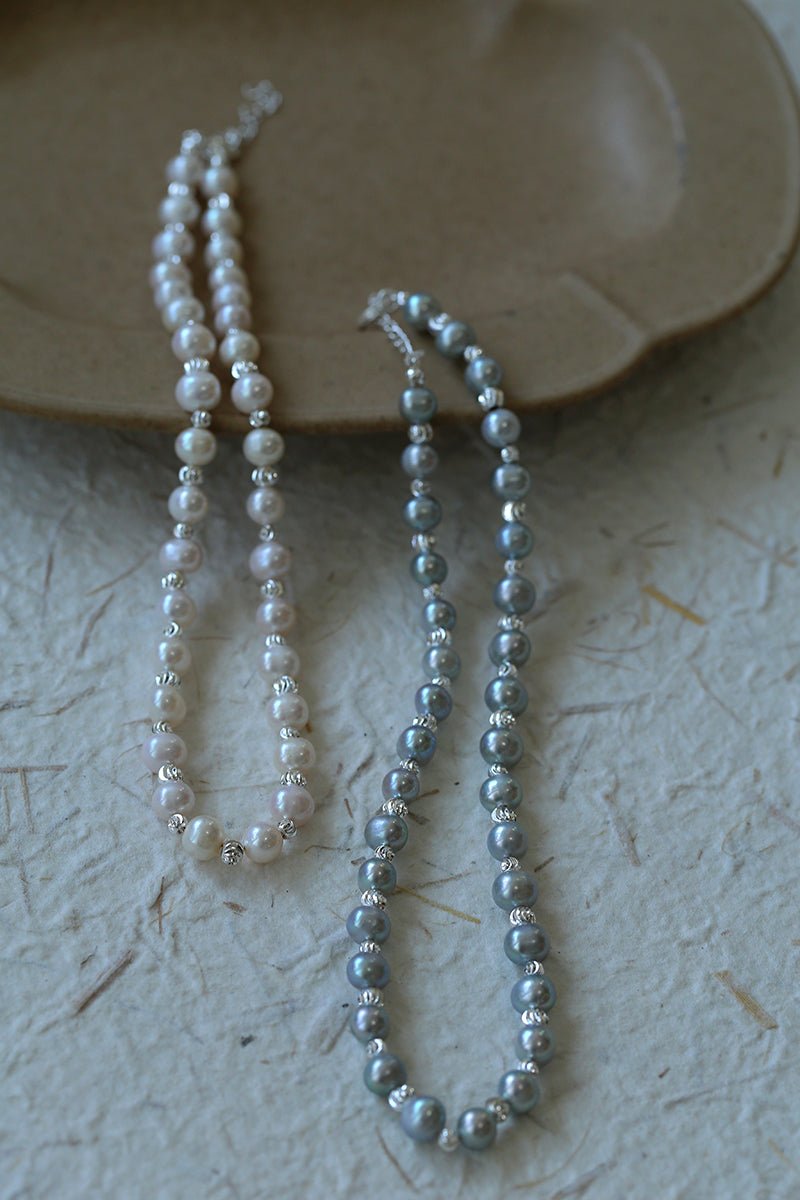 White Freshwater Pearl Silver Bean Necklace - White Pearl - floysun