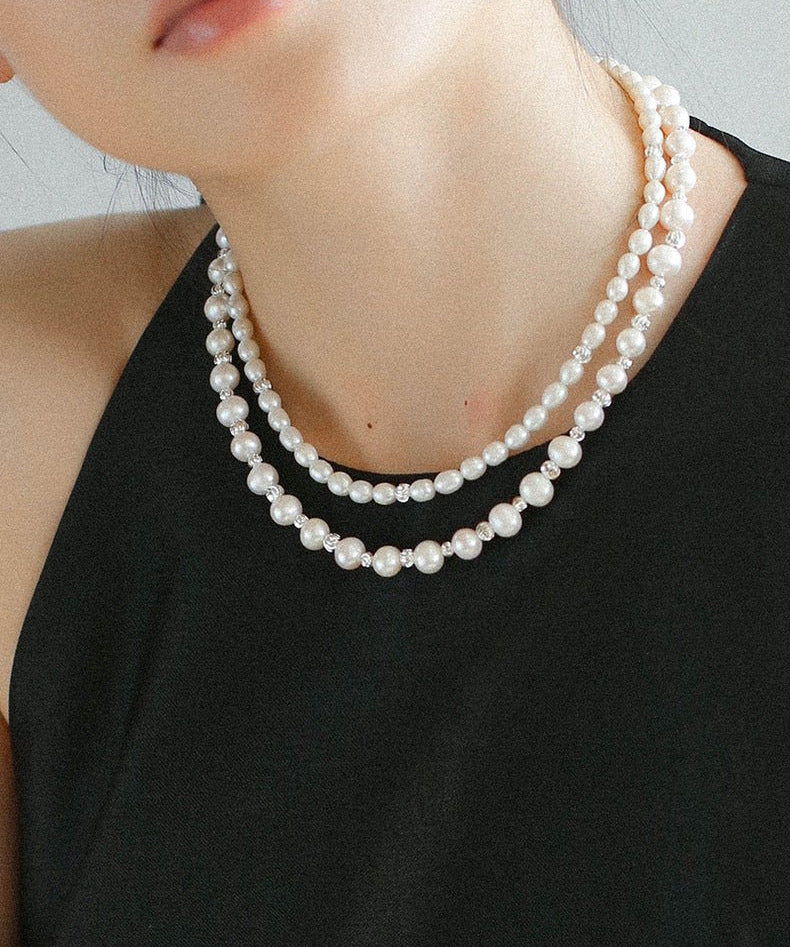 White Freshwater Pearl Silver Bean Necklace - White Pearl - floysun