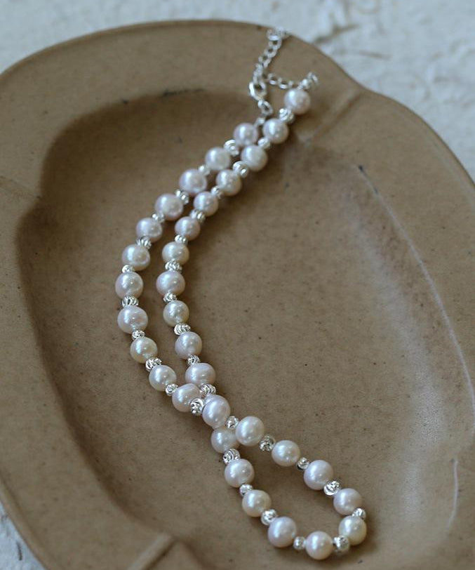 White Freshwater Pearl Silver Bean Necklace - White Pearl - floysun