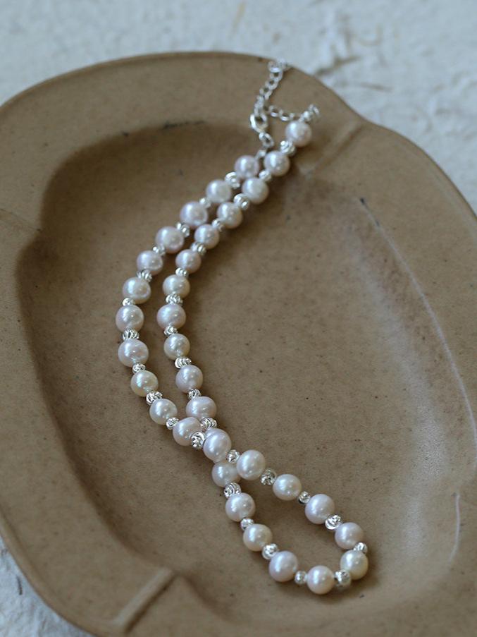 White Freshwater Pearl Silver Bean Necklace - White Pearl - floysun