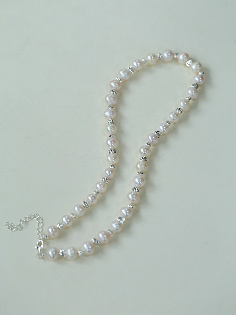 White Freshwater Pearl Silver Bean Necklace - White Pearl - floysun